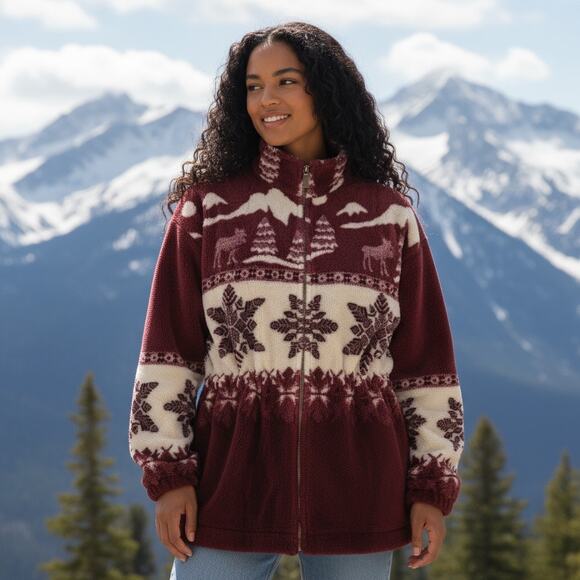 Vintage Cabela's Women's All Over Print Snowflake Fleece Full Zip Jacket - Large - Picture 1 of 11